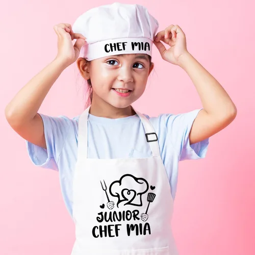 Vista 8 de Juego de delantal personalizado para niños con sombrero, delantal ajustable impermeable con 2 bolsillos para cocinar, hornear, pintar y arte, regalo