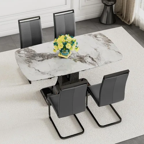 Vista 40 de Moderno juego de mesa de comedor para 4, mesa de vidrio de 63 pulgadas y base de MDF, mesa de comedor de mármol sintético negro con 4 sillas Mesa