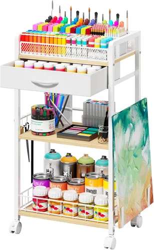 Vista 11 de Homsorout Carro Rodante de 3 Niveles - Carro Utilitario de Metal con Cajón de Almacenamiento y Ruedas, Organizador Versátil de Arte y Manualidades