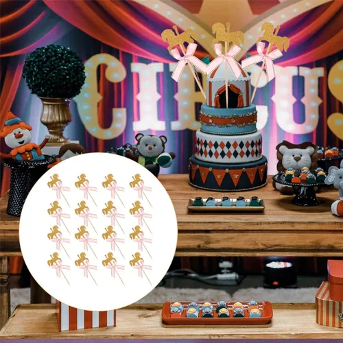 Vista 6 de Amosfun 50 piezas de carrusel de caballos de 4.72 x 1.77 pulgadas, decoración de madera para pasteles de cumpleaños, decoración de cupcakes
