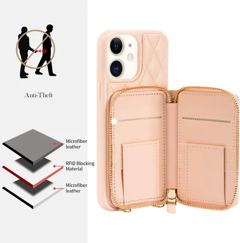 Vista 4 de LAMEEKU Funda tipo cartera diseñada para iPhone 12 Pro con tarjetero para tarjetas, funda tipo cartera acolchada de cuero para mujer, compatible