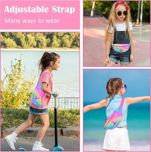 Vista 5 de Riñonera de moda para niños y niñas, con cinturón ajustable, cangurera cruzada con 2 bolsas, bolsa de cinturón para niños para viajes, correr