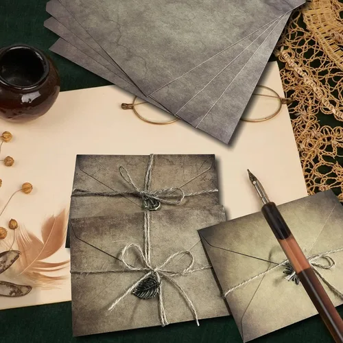 Vista 5 de Juego de papel y sobres vintage de papelería – 24 hojas de papel de letras vintage, 12 sobres, 12 colgantes retro, 12 cuerdas, papel de escritura