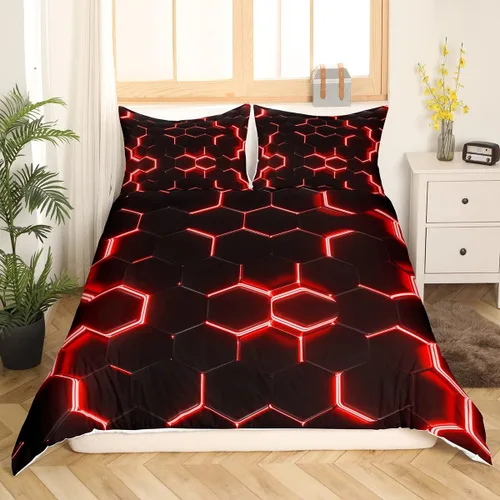 Vista 7 de Funda de edredón de panal para niños, hombres y niñas, juego de ropa de cama moderno con temática geométrica hexagonal, diseño de cuadrícula