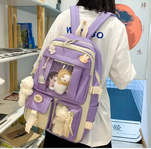 Vista 3 de Mochila escolar estética kawaii, juego de 5 piezas con bonitos pines colgantes de oso, mochila pequeña para laptop, kit esencial Púrpura