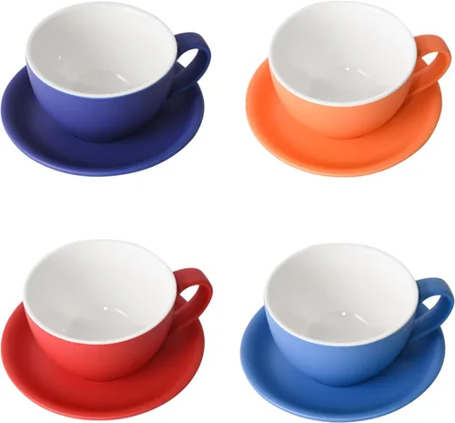 Vista 6 de Yundu Ceramics Latte Cup and Saucer - 10 onzas para capuchino, té, café moca, juego de 4, color mixto mate 4 colores mate oscuro