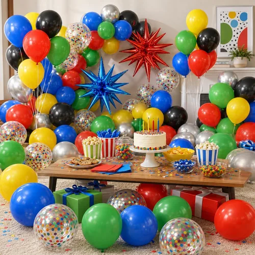 Vista 8 de Globos negros y rojos amarillos azules, globos de confeti de 12 pulgadas negros rojos amarillos azules verdes plateados metálicos con globo