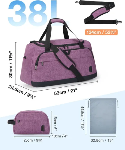 Vista 6 de Bolsa de lona para viajes, bolsa de viaje BAGSMART de fin de semana, bolsa de viaje con bolsa de aseo personal, bolsa de zapatos, Púrpura, Viajes
