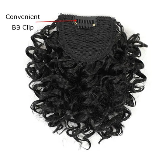 Vista 5 de Peluca rizada con flequillo corto afro para mujeres negras, G&T Wig, rizos esponjosos, flequillo clip-in (1B, flequillo simple)