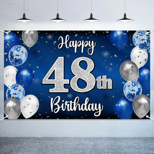 Vista 73 de Decoración de feliz cumpleaños número 100, globo azul y plateado grande cartel de fondo de cumpleaños de 100 años - Suministros para fiesta