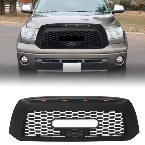 Vista 7 de Rejilla frontal compatible con pastillas Tundra Base/Limited/SR5 2000 2000 2001 2002, estilo TRD con luces LED, parrilla frontal ABS, negro mate