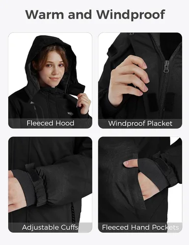 Vista 5 de Wantdo - Chamarra de esquí impermeable con capucha de forro polar para invierno y nieve, resistente al viento