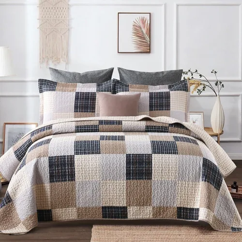 Vista 16 de Y-PLWOMEN Colchas 100% algodón tamaño Queen Farmhouse Plaid 3 piezas ropa de cama Azul y marrón