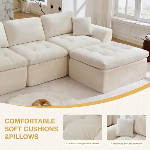 Vista 9 de Sofá modular de nube de 110 pulgadas para sala de estar, sofá modular tapizado en forma de L con otomana móvil, sofá de espuma de asiento profundo