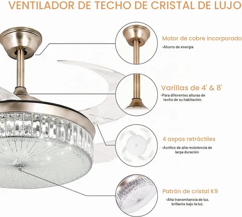 Vista 7 de STERREN Ventilador de techo de cristal de 42 pulgadas con luz, moderno y retráctil de montaje empotrado, de perfil bajo, sin aspas, ventilador