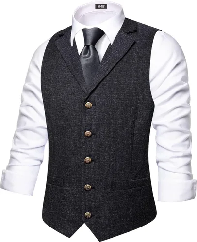 Vista 9 de Hi-Tie Chaleco de lana con solapa de muesca para hombre, chaleco individual marrón (C Brown)