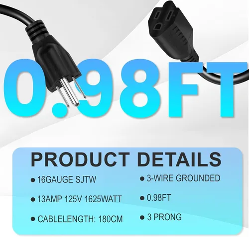 Vista 2 de Cable de extensión de alimentación corto, 16AWG/13A, ahorrador de toma, enchufe macho de 3 clavijas a enchufe hembra, cable de extensión