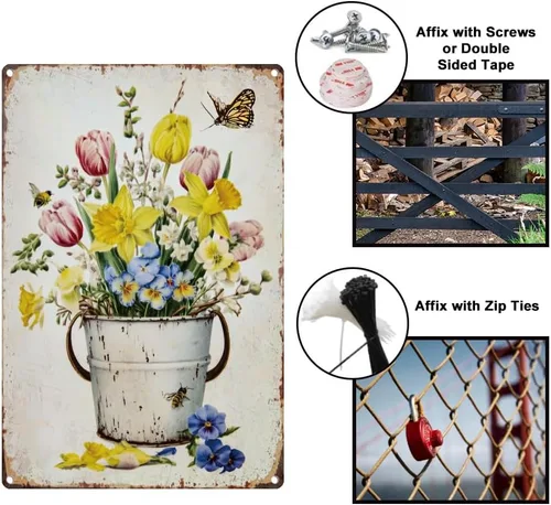 Vista 4 de Letrero de metal con flores vintage de 0.79 x 1.18 pulgadas, narcisos retro, tulipán, cubeta de hierro, póster de arte de pared para habitación