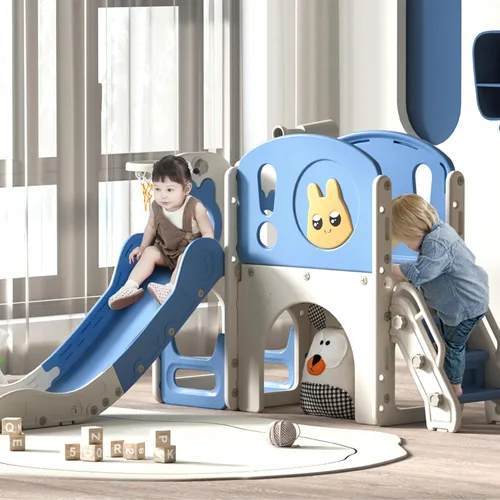 Vista 8 de NYEEKOY Juego de tobogán y escalador 8 en 1 para niños pequeños, parque infantil con escaleras, túnel, telescopio, almacenamiento, aro de baloncesto