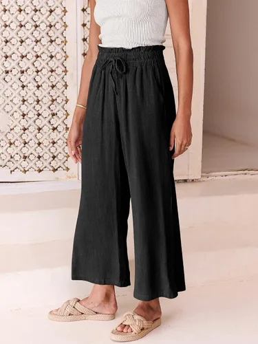 Vista 8 de ANRABESS Pantalones de lino para mujer, estilo casual, holgados, cintura alta, cordón de pierna ancha, pantalones capri palazzo con bolsillos