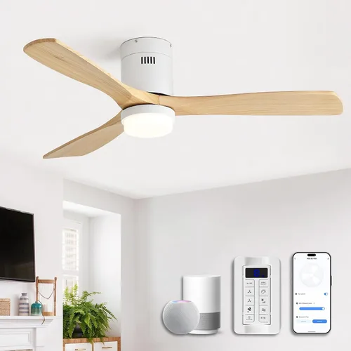 Vista 26 de CACI Mall Ventiladores de techo inteligentes de madera de 52 pulgadas con luces y control remoto, 3 cuchillas, perfil bajo, moderno, compatible