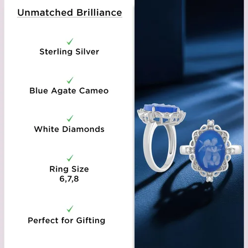 Vista 5 de Jewelili Anillo de plata de ley para mujer, camafeo de ágata rosa o azul y zafiro redondo blanco creado, joyería de lujo, caja de regalo incluida