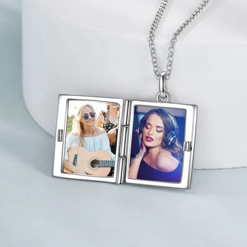 Vista 3 de Collar con medallón de fotos de plata de ley 925 con diseño de libro que sostiene fotos, regalos de cumpleaños para mujeres y madres