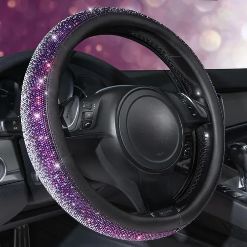 Vista 29 de CAR PASS Funda para volante de cuero beige con diamantes brillantes, cristales blancos brillantes con purpurina y pedrería, ajuste universal de 14