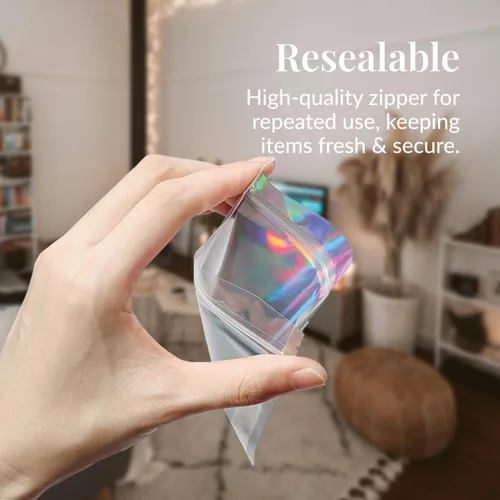 Vista 4 de Prestee Bolsas pequeñas de Mylar de 3 x 4 – 100 piezas holográficas resellables para almacenamiento de alimentos, a prueba de olores, ideales