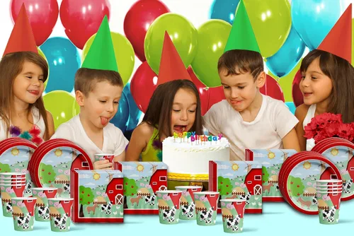 Vista 7 de Set de artículos para fiesta de cumpleaños de animales de granja y granero, platos, servilletas, vasos y utensilios para 16 invitados