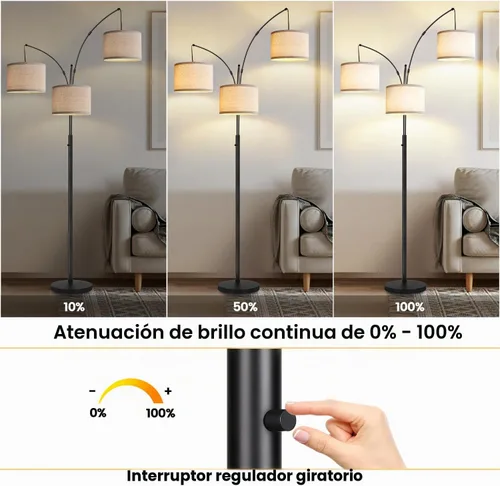 Vista 3 de Lámpara de pie regulable: 3 luces de arco para sala de estar, lámpara de pie alta moderna de 1000 lm con pantallas blancas y base pesada, lámpara