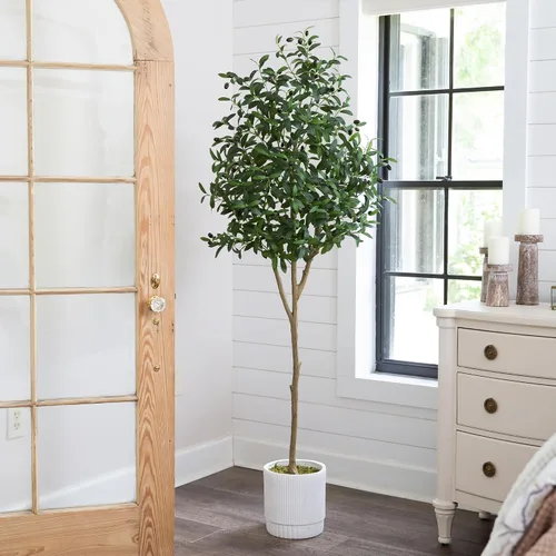 Vista 4 de Nearly Natural Árbol de olivo artificial de 6 pies con maceta decorativa blanca