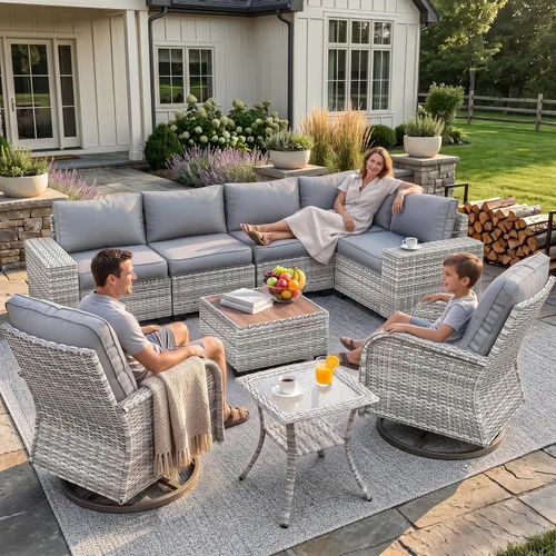 Vista 71 de Muebles de patio al aire libre conjunto PE mimbre ratán al aire libre sofá seccional Gris
