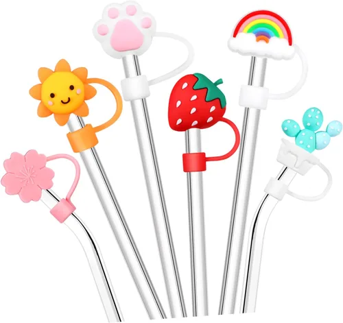 Vista 9 de 6 tapas de paja de silicona con diseño de dibujos animados, tapones reutilizables para beber, protector de tapones (patrón mixto)