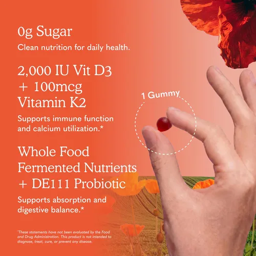 Vista 5 de Gomitas Garden of Life Vitamin Code D3 y K2 con prebióticos y probióticos, salud ósea, salud inmunológica y apoyo digestivo, cero azúcar, sin OMG