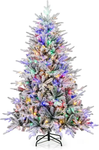 Vista 12 de Goplus Árbol de Navidad artificial preiluminado de 4.5 pies con nieve, árbol de Navidad completo con bisagras con 160 luces LED multicolores, 8