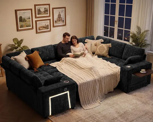 Vista 9 de Sofá modular modular de 8 asientos en forma de L de 111 pulgadas con cama Negro