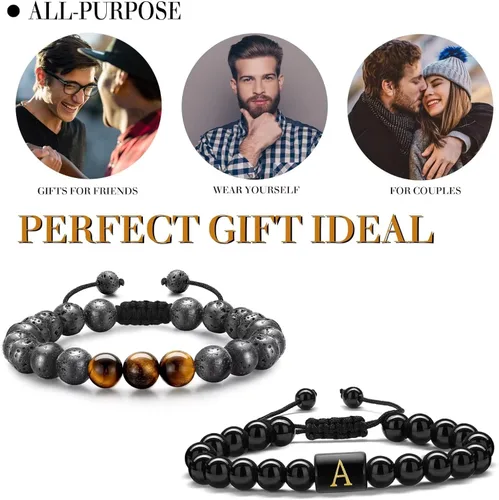 Vista 6 de STORUP Pulsera de regalo para hombres Pulsera de cuentas de piedra de lava de ojo de tigre de 0.315 in para hombre, enlace inicial, hecha a mano