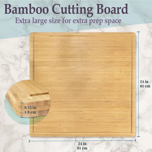 Vista 6 de BambooMN Tabla de cortar con cubierta de quemador de bambú, 3 capas, cuadrada extragrande, 24 x 24 x 0.75 pulgadas, ranurada/plana con cuchilla