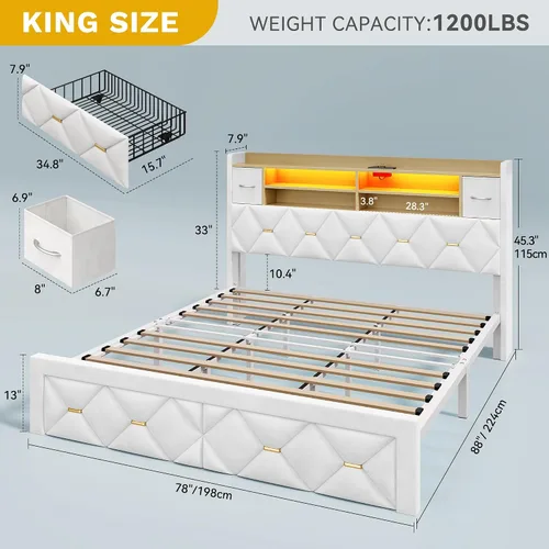 Vista 2 de YITAHOME Cama tapizada de terciopelo blanco tamaño King con carga