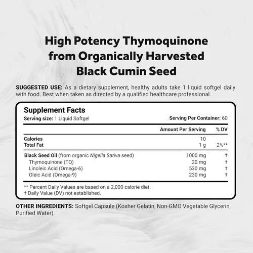 Vista 2 de Naturalis Aceite de semilla negra prensado en frío 1000 mg 2% de timoquinona natural (TQ) para cabello, piel, uñas y apoyo cardiovascular Sin
