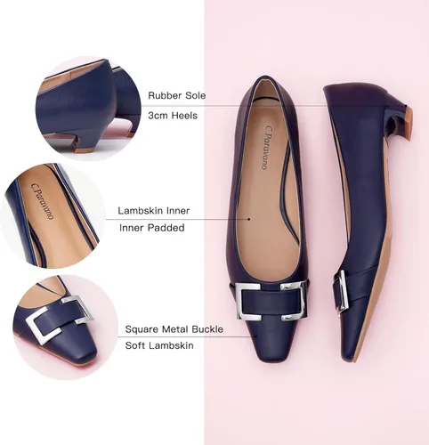 Vista 4 de C.Paravano Zapatos de tacón grueso con punta cerrada para mujer Tacones bajos de cuero Tacones bajos de punta cuadrada Zapatos de tacón de vestir