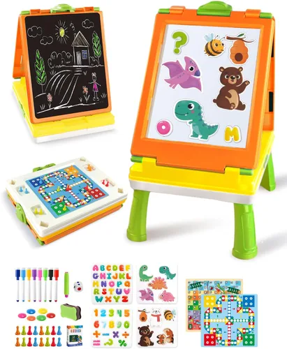 Vista 8 de Elovien Caballete para niños, caballete de arte de doble cara 4 en 1 con pizarra y pizarra blanca magnética, caballete de mesa plegable para niños