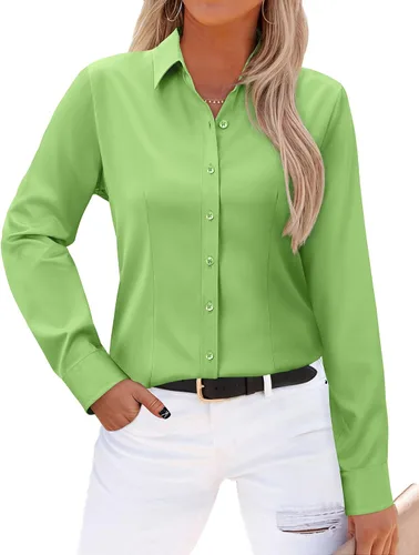 Vista 22 de Gleeivy - Camisas abotonadas para mujer, sin arrugas, de manga larga, camisas de vestir casuales con cuello V, ajustadas, de un solo