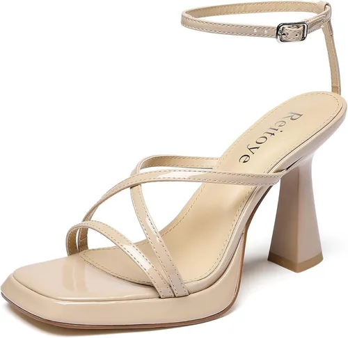 Vista 15 de Reitoye Tacones de tiras para mujer, con plataforma, tacones altos y gruesos, sandalias de tacón cuadrado con puntera abierta, correa de tobillo