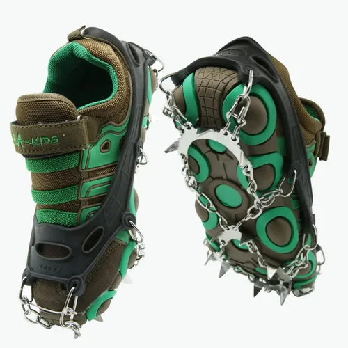 Vista 9 de Tacos de hielo para niños, crampones para niños, botas y zapatos de senderismo para niños, tacos de tracción antideslizantes de acero inoxidable