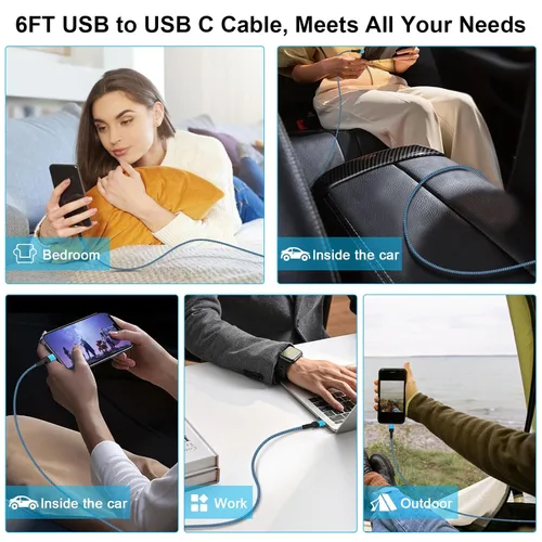 Vista 6 de Cable de carga rápida USB C de 6 pies/2 unidades para iPhone 16/16 Pro/16 Pro Max/16 Plus/15/15 Pro/15 Pro Max, cable USB A a USB C de 3.1 A, cable