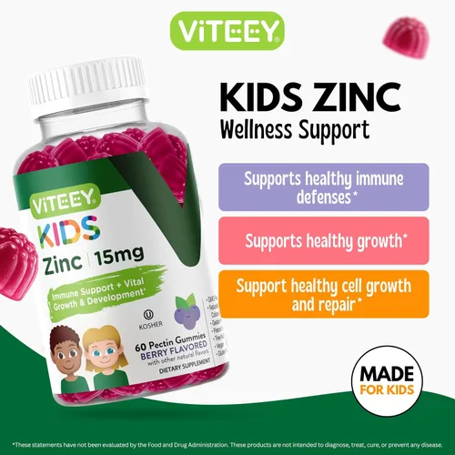 Vista 2 de Viteey - Gomitas de zinc para niños, 15 mg, sabrosas gomitas masticables con sabor a bayas Immune Support - Powerful Natural Antioxidant, Kids