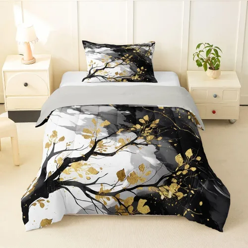 Vista 9 de Feelyou Juego de edredón abstracto para todas las estaciones, juego de ropa de cama negro y azul con 1 funda de almohada con estampado de mármol