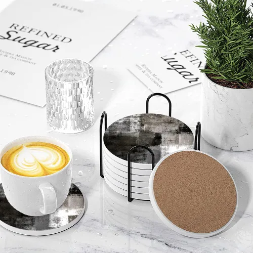 Vista 4 de LOKMU Posavasos para bebidas, juego de 6 posavasos redondos de cerámica absorbente con soporte de metal, posavasos de arte abstracto negro y gris